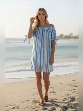 The Royal Standard Striped Off-Shoulder Beach Cover-Up Dress in Blue and White